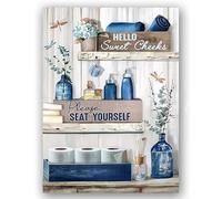 DWUENT Bathroom Wall Art, wall art for bathroom, wall canvas, Blue Bathroom Sign Canvas Art, Rustic Toilet Decor with Dragonfly Flower Design, 12x16 in / 30x40 cm