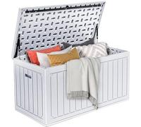 DWVO 340L Resin Outdoor Storage Box, Double-Wall Waterproof Deck Box with Wood Texture, Lockable Garden Storage that Doubles as Table or Bench (450 lbs Capacity)-White