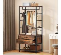 DWVO Coat Stand Rack, Hallway Hall Tree with 2 Wooden Drawers, Floorstanding Garment Rack with Shoe Storage Industrial Clothes Rail for Entryway Living Room Bedroom Entrance, Rustic Brown