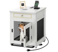 DWVO Dog Kennel Furniture with Dual USB Charger, Dog Crate End Table with Tray, Wooden Dog Crate Furniture with Cushion for Small Dogs, White