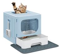 DWVO Foldable Cat Litter Box with Top Exit - Large Enclosed Litter Tray with Slide-Out Tray, Odor Control & Leak-Proof Design, Portable for Travel, Easy Clean (Includes Scoop & Mat) - Blue