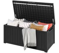 DWVO Garden Outdoor Storage Box with Cushion|450L 142.1x67.7x60cm|Versatile Bench or Table|Resin Deck Box for Patio Pillows, Tools,Pool Accessories|Waterproof||Lockable|(Black)