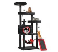 DWVO Gothic Cat Tree with Coffin Bed, 160cm Tall Cat Tower for Indoor Cats with Top Perch, Spacious Cat Condos, Spider Hanging Balls,Comfy Hammock, Scratching Post and Ladder, Black Halloween