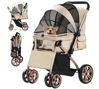 DWVO Pet Stroller for Small Medium Dogs 22kg, Dog Pushchair with Storage Basket Cup Holder, Foldable Pram for Cats Puppies (Khaki)