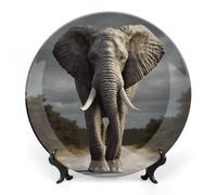 DWVSFJM 3D Elephant Print Bone China Decorative Plate With Display Stand Ceramic Decorative Plate Porcelain Round Dinner Plate Art Crafts For Wall Hanging Decoration 10inch