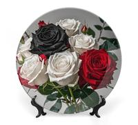 DWVSFJM Black White And Red Roses Print Bone China Decorative Plate With Display Stand Ceramic Decorative Plate Porcelain Round Dinner Plate Art Crafts For Wall Hanging Decoration 8inch