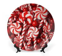 DWVSFJM Candy Canes Print Bone China Decorative Plate With Display Stand Ceramic Decorative Plate Porcelain Round Dinner Plate Art Crafts For Wall Hanging Decoration 10inch