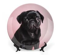 DWVSFJM Cute Black Pug Print Bone China Decorative Plate With Display Stand Ceramic Decorative Plate Porcelain Round Dinner Plate Art Crafts For Wall Hanging Decoration 7inch