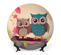 DWVSFJM Cute Owls Print Bone China Decorative Plate With Display Stand Ceramic Decorative Plate Porcelain Round Dinner Plate Art Crafts For Wall Hanging Decoration 7inch