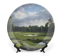 DWVSFJM Golf Course Print Bone China Decorative Plate With Display Stand Ceramic Decorative Plate Porcelain Round Dinner Plate Art Crafts For Wall Hanging Decoration 10inch