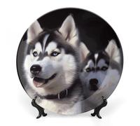DWVSFJM Husky Dog Print Bone China Decorative Plate With Display Stand Ceramic Decorative Plate Porcelain Round Dinner Plate Art Crafts For Wall Hanging Decoration 6inch