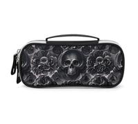 DWVSFJM Pu Leather Pencil Case Waterproof Portable Makeup Bag With Zipper Black Peony Rose Skul Pencil Pouch For Office Supplies Makeup Bag