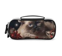 DWVSFJM Pu Leather Pencil Case Waterproof Portable Makeup Bag With Zipper Christmas Siamese Cat Pencil Pouch For Office Supplies Makeup Bag