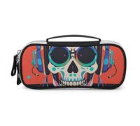 DWVSFJM Pu Leather Pencil Case Waterproof Portable Makeup Bag With Zipper Punk Rock Earphones Skull Pencil Pouch For Office Supplies Makeup Bag