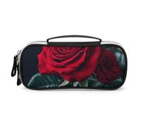 DWVSFJM Pu Leather Pencil Case Waterproof Portable Makeup Bag With Zipper Red Rose Black Background Pencil Pouch For Office Supplies Makeup Bag