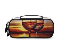 DWVSFJM Pu Leather Pencil Case Waterproof Portable Makeup Bag With Zipper Sunset Wine Glass Pencil Pouch For Office Supplies Makeup Bag