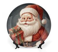 DWVSFJM Santa Claus with Box Print Bone China Decorative Plate With Display Stand Ceramic Decorative Plate Porcelain Round Dinner Plate Art Crafts For Wall Hanging Decoration 6inch