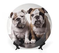 DWVSFJM Two Cute Bulldog Dogs Print Bone China Decorative Plate With Display Stand Ceramic Decorative Plate Porcelain Round Dinner Plate Art Crafts For Wall Hanging Decoration 10inch