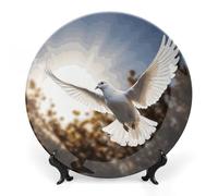 DWVSFJM White Dove Flying in The Sun Print Bone China Decorative Plate With Display Stand Ceramic Decorative Plate Porcelain Round Dinner Plate Art Crafts For Wall Hanging Decoration 7inch
