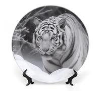 DWVSFJM White Tiger in The Snow Print Bone China Decorative Plate With Display Stand Ceramic Decorative Plate Porcelain Round Dinner Plate Art Crafts For Wall Hanging Decoration 7inch