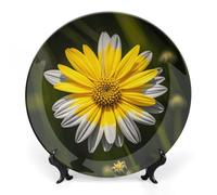 DWVSFJM Yellow Gray Flower Print Bone China Decorative Plate With Display Stand Ceramic Decorative Plate Porcelain Round Dinner Plate Art Crafts For Wall Hanging Decoration 6inch