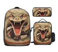 DWVTFSM 3 Piece Backpack for Women Men Lightweight Causal Daypack Shoulder Bag Set with Insulated Lunch Bag And Pencil Case Organizers Snake Open Mouth, Style, One Size