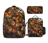 DWVTFSM 3 Piece Backpack for Women Men Lightweight Causal Daypack Shoulder Bag Set with Insulated Lunch Bag And Pencil Case Organizers Monarch Butterflies