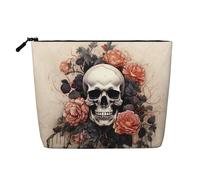 Dwvtfsm Ancient Skull And Flowers Makeup Bag For Women, Waterproof Linen Travel Cosmetic Organizer Lightweight Zipper Travel Toiletry Bag Organizer Makeup Brushes Storage Bag