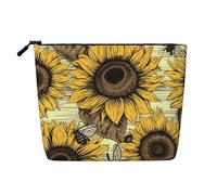 Dwvtfsm Bees Sunflower Makeup Bag For Women, Waterproof Linen Travel Cosmetic Organizer Lightweight Zipper Travel Toiletry Bag Organizer Makeup Brushes Storage Bag