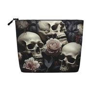 Dwvtfsm Black And White Flowers And Skull Makeup Bag For Women, Waterproof Linen Travel Cosmetic Organizer Lightweight Zipper Travel Toiletry Bag Organizer Makeup Brushes Storage Bag