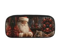 DWVTFSM Christmas Santa Claus Sewing Tree Cat Large Pencil Bag Waterproof Cute Pen Case Travel Cosmetic Leather Makeup Bag Organizer Pen Holder for Men Women