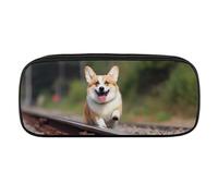 DWVTFSM Corgi-dog Running on The Railroad Large Pencil Bag Waterproof Cute Pen Case Travel Cosmetic Leather Makeup Bag Organizer Pen Holder for Men Women
