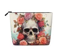 Dwvtfsm Cute Skeleton With Flowers Makeup Bag For Women, Waterproof Linen Travel Cosmetic Organizer Lightweight Zipper Travel Toiletry Bag Organizer Makeup Brushes Storage Bag