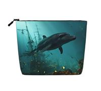 Dwvtfsm Dolphins Ruined Wreckage Underwater Makeup Bag For Women, Waterproof Linen Travel Cosmetic Organizer Lightweight Zipper Travel Toiletry Bag Organizer Makeup Brushes Storage Bag