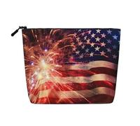Dwvtfsm Fireworks American Flag Makeup Bag For Women, Waterproof Linen Travel Cosmetic Organizer Lightweight Zipper Travel Toiletry Bag Organizer Makeup Brushes Storage Bag