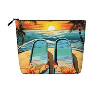 Dwvtfsm Flip Flops And Tropical Beach Scene Makeup Bag For Women, Waterproof Linen Travel Cosmetic Organizer Lightweight Zipper Travel Toiletry Bag Organizer Makeup Brushes Storage Bag