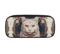 DWVTFSM Flowers And White Cat Large Pencil Bag Waterproof Cute Pen Case Travel Cosmetic Leather Makeup Bag Organizer Pen Holder for Men Women
