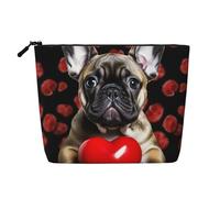 Dwvtfsm French Bulldog Holding A Red Heart Makeup Bag For Women, Waterproof Linen Travel Cosmetic Organizer Lightweight Zipper Travel Toiletry Bag Organizer Makeup Brushes Storage Bag