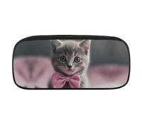 DWVTFSM Gray Cat with Bow Large Pencil Bag Waterproof Cute Pen Case Travel Cosmetic Leather Makeup Bag Organizer Pen Holder for Men Women