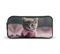 DWVTFSM Gray Cat with Bow Pencil Case Pen Bag Large Capacity Cute Pencil Pouch Makeup Cosmetic Bag for Women Men