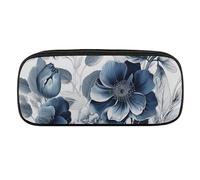 DWVTFSM Hand Painted Blue Flowers Large Pencil Bag Waterproof Cute Pen Case Travel Cosmetic Leather Makeup Bag Organizer Pen Holder for Men Women