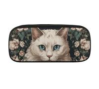 DWVTFSM Leaf And White Cat Large Pencil Bag Waterproof Cute Pen Case Travel Cosmetic Leather Makeup Bag Organizer Pen Holder for Men Women