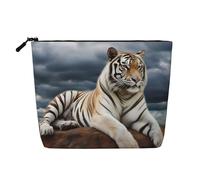 Dwvtfsm Majestic Tiger Resting On A Rock With Cloudy Sky Makeup Bag For Women, Waterproof Linen Travel Cosmetic Organizer Lightweight Zipper Travel Toiletry Bag Organizer Makeup Brushes Storage Bag