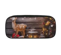 DWVTFSM Merry Christmas Wooden Board Candle Deer Large Pencil Bag Waterproof Cute Pen Case Travel Cosmetic Leather Makeup Bag Organizer Pen Holder for Men Women