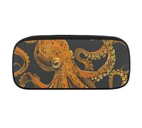 DWVTFSM Orange Octopus Pattern Large Pencil Bag Waterproof Cute Pen Case Travel Cosmetic Leather Makeup Bag Organizer Pen Holder for Men Women