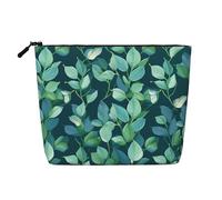 Dwvtfsm Pattern With Green Leaves On Blue Background Makeup Bag For Women, Waterproof Linen Travel Cosmetic Organizer Lightweight Zipper Travel Toiletry Bag Organizer Makeup Brushes Storage Bag