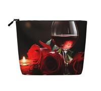 Dwvtfsm Red Rose Wine Glass And Candle Makeup Bag For Women, Waterproof Linen Travel Cosmetic Organizer Lightweight Zipper Travel Toiletry Bag Organizer Makeup Brushes Storage Bag