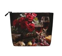 Dwvtfsm Red Roses And Red Wine Makeup Bag For Women, Waterproof Linen Travel Cosmetic Organizer Lightweight Zipper Travel Toiletry Bag Organizer Makeup Brushes Storage Bag