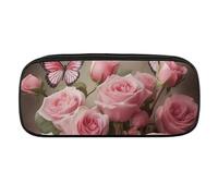 DWVTFSM Roses And Butterflies Large Pencil Bag Waterproof Cute Pen Case Travel Cosmetic Leather Makeup Bag Organizer Pen Holder for Men Women