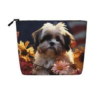 Dwvtfsm Shih Tzu Dog And Flowers Makeup Bag For Women, Waterproof Linen Travel Cosmetic Organizer Lightweight Zipper Travel Toiletry Bag Organizer Makeup Brushes Storage Bag
